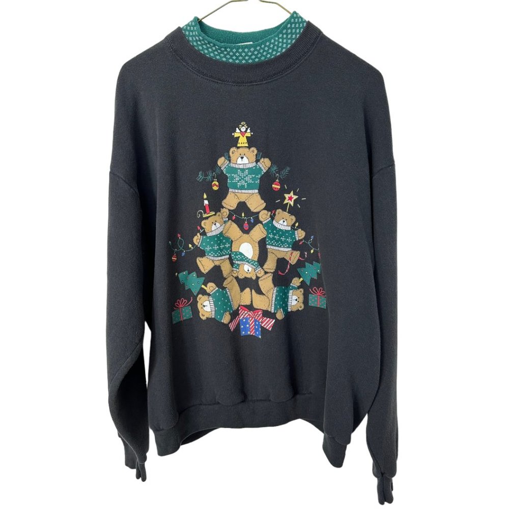 Vintage Teddybear Christmas Tree Women’s L Sweatshirt Mock Neck Gopher Sport